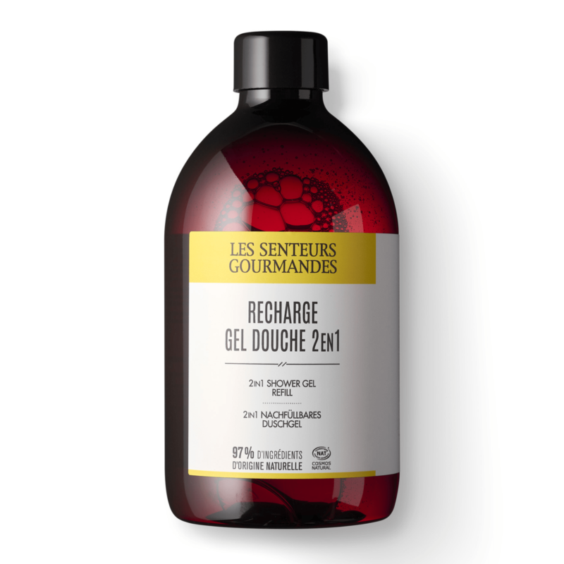 Découvrez notre recharge de Gel Douche 2 en 1 certifiée COSMOS NATURAL : 97% d'ingrédients naturels, enrichie en aloe vera hydratant.