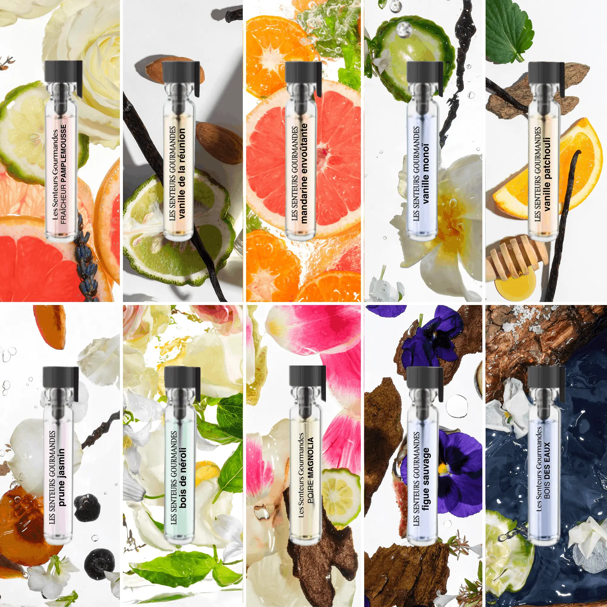 Mosaïque des 10 échantillons de parfum Les Senteurs Gourmandes avec leurs ingrédients : fraîcheur pamplemousse (agrumes), vanille de la réunion (vanille, amande), mandarine envoûtante (agrumes), vanille monoï (fleurs blanches, miel), vanille patchouli (vanille, orange, miel), prune jasmin (fruits, fleurs), bois de néroli (fleurs blanches), poire magnolia (fleurs roses, poire), figue sauvage (fleurs violettes, bois), bois des eaux (bois, eau)