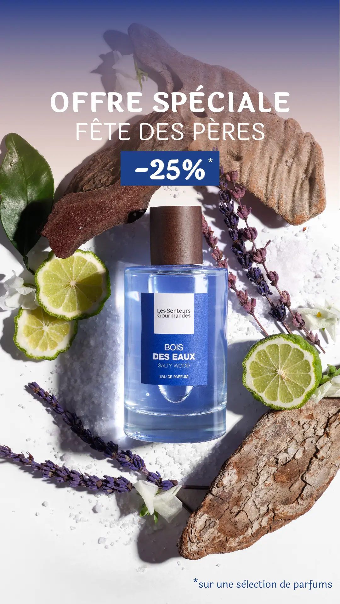 Flacon de parfum Bois des Eaux – Salty Wood de Les Senteurs Gourmandes, entouré de lavande, agrumes et écorces, offre spéciale Fête des Pères -25% sur une sélection de parfums