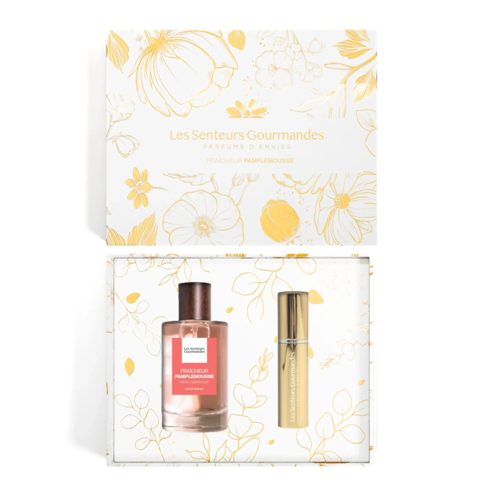 Vue du dessus du coffret cadeau ouvert Fraîcheur Pamplemousse de la marque Les Senteurs Gourmandes, comprenant un flacon d'Eau de Parfum 100ml et un vaporisateur de sac doré, présentés dans un écrin blanc orné d'illustrations florales dorées.