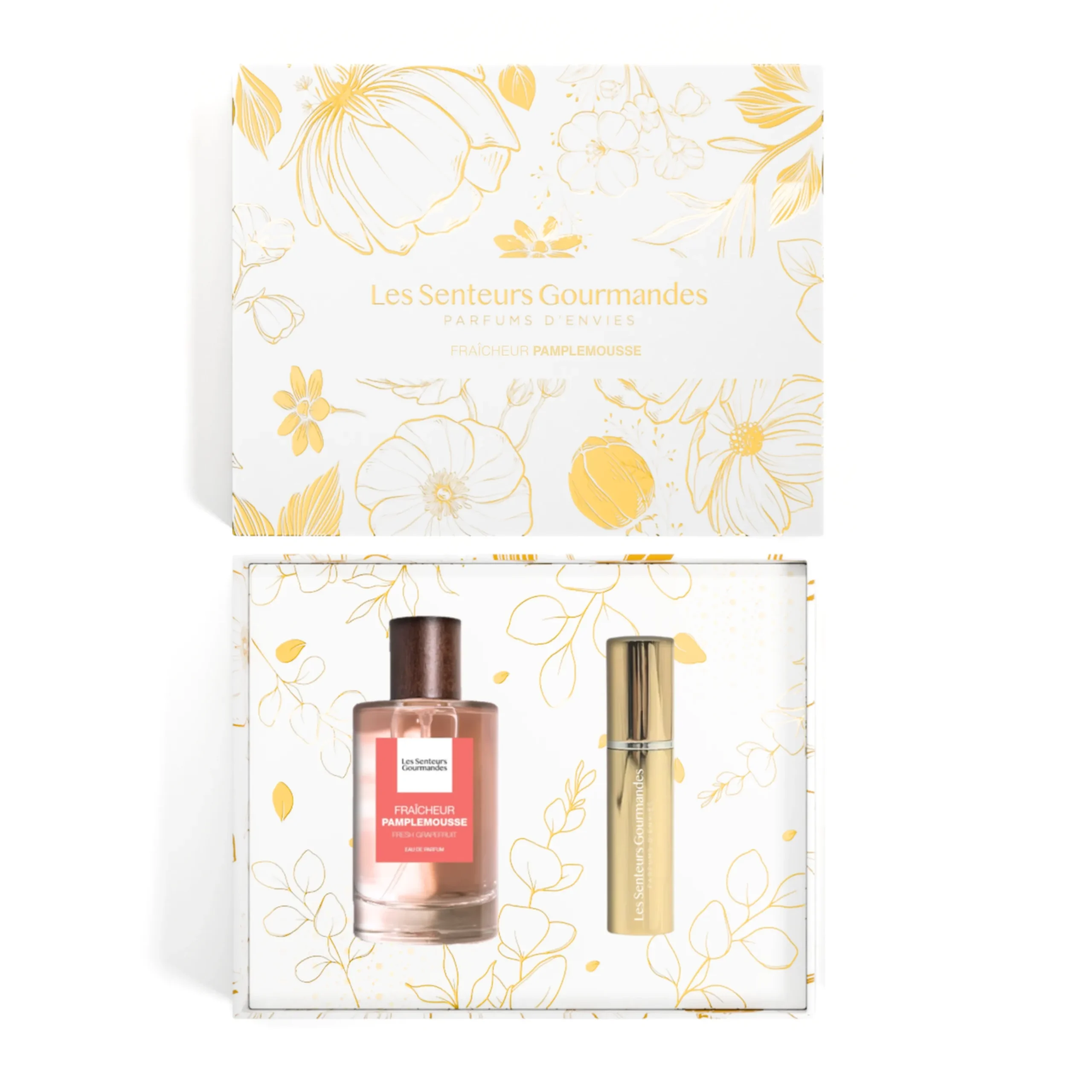 Vue du dessus du coffret cadeau ouvert Fraîcheur Pamplemousse de la marque Les Senteurs Gourmandes, comprenant un flacon d