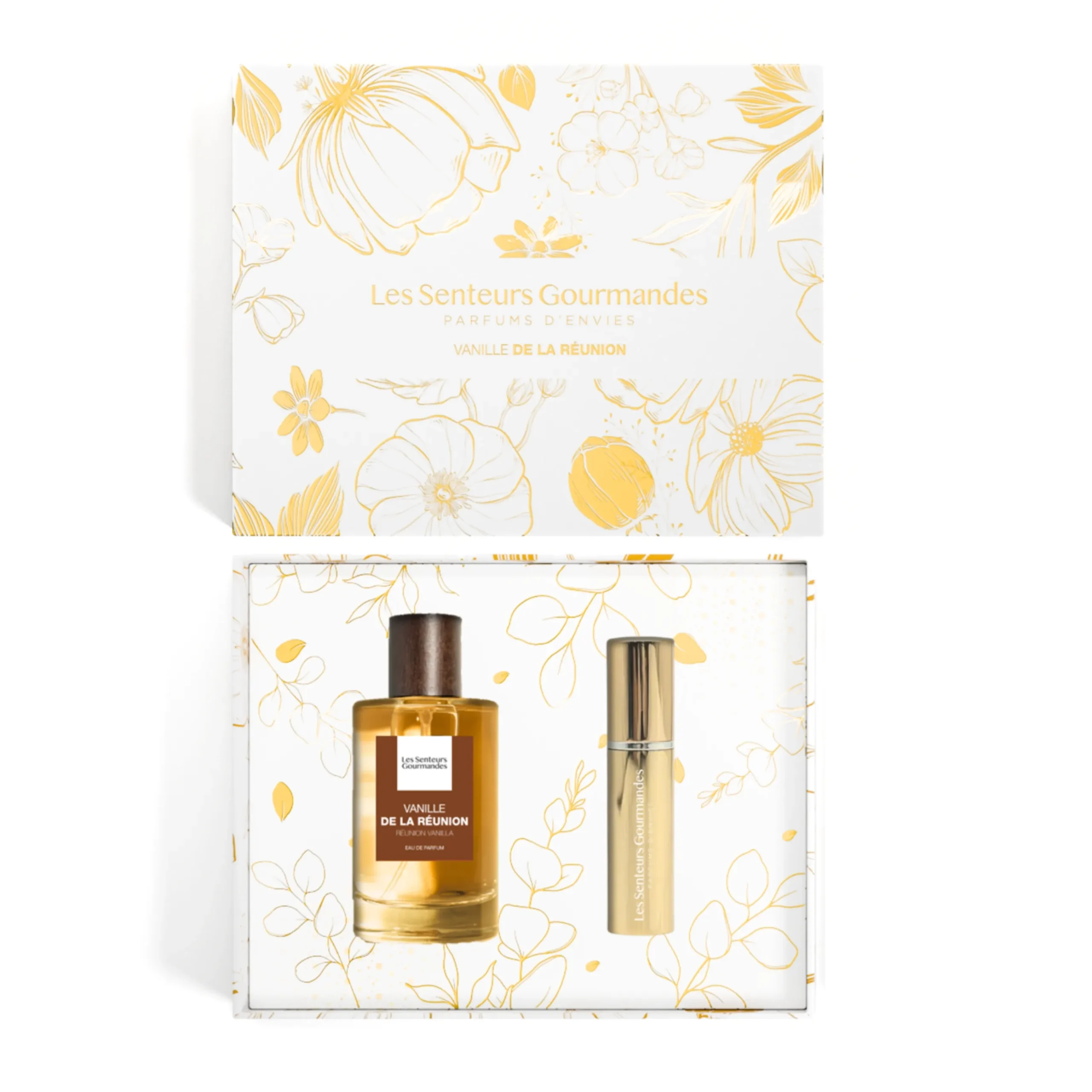 Vue du dessus du coffret cadeau ouvert Vanille de la Réunion de la marque Les Senteurs Gourmandes, incluant un flacon d