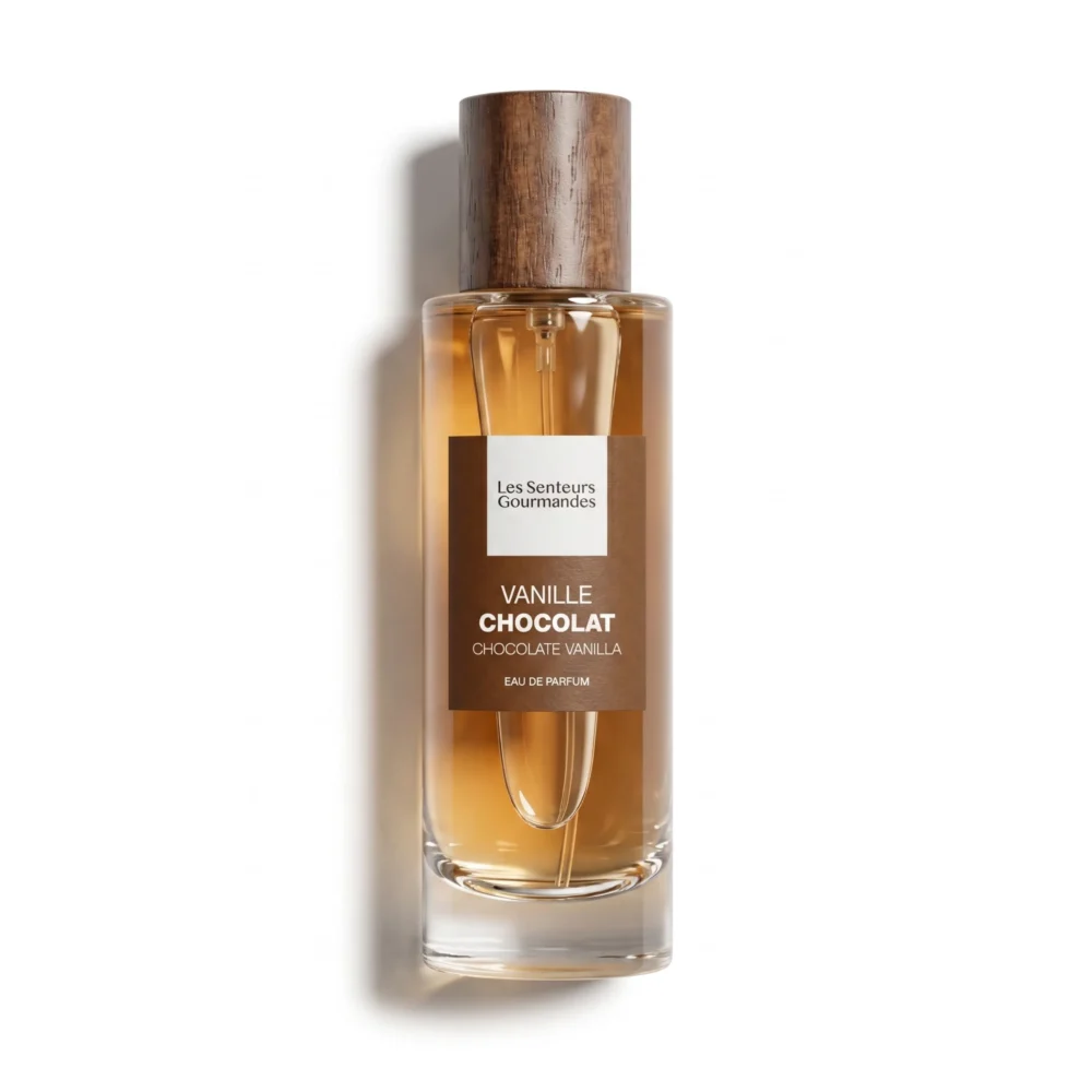 Flacon 30ml d'Eau de Parfum Vanille Chocolat de la marque Les Senteurs Gourmandes, petite bouteille en verre transparent laissant apparaître un jus ambré chaleureux, avec son bouchon cylindrique en bois foncé et une étiquette marron chocolat au centre.