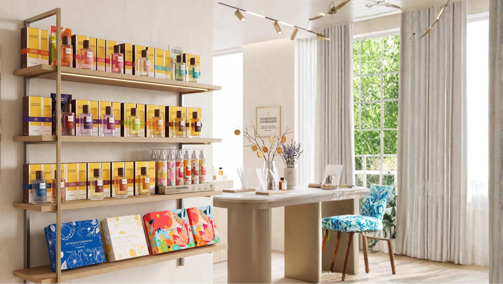 Espace boutique Les Senteurs Gourmandes avec parfums, coffrets et brumes parfumées